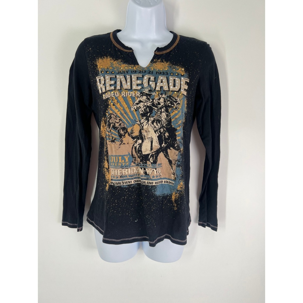 Skinny Minnie Renegade Rodeo Rider Graphic Long Sleeve Tee Black Medium